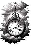 clock inside sunrise behind clouds surrounding tattoo design idea