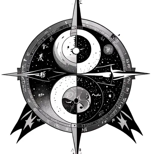 one piece, interstellar, f1 , ying yang , pieces zodiac, compass, travel, combine all and create mens minimalistic tatto tattoo design idea