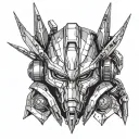mecha helmet with robotic horns, simple outline without shadows, futuristic mecha tattoo design idea