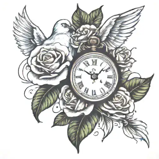 forearm tattoo with dove  rose clock and open book  tattoo design idea