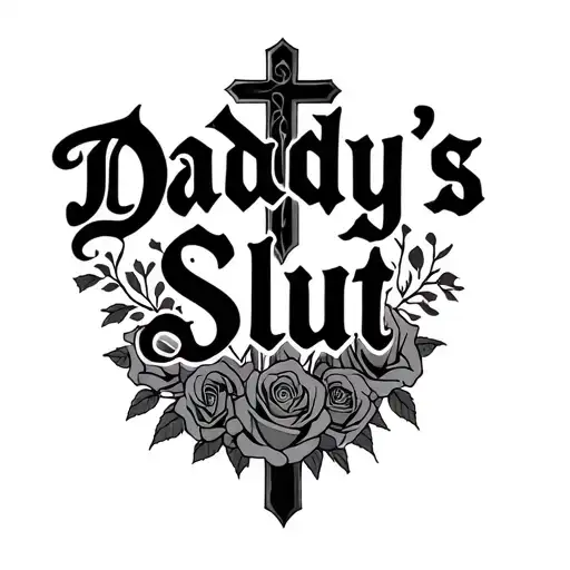 the text "Daddy's Slut" in a gothic font, surrounded by roses and a large cross tattoo design idea