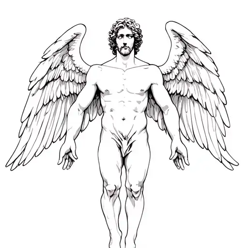 an angel men with arms outstretched, legs crossed  tattoo design idea