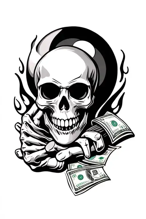 skull, 8 ball, 7's jackpot symbol, roulette, rolls of cash, skeleton hand, hot rod flames,  tattoo design idea