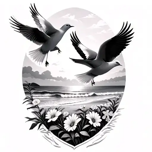 beach scene featuring 2 doves flying over a flower patch tattoo design idea