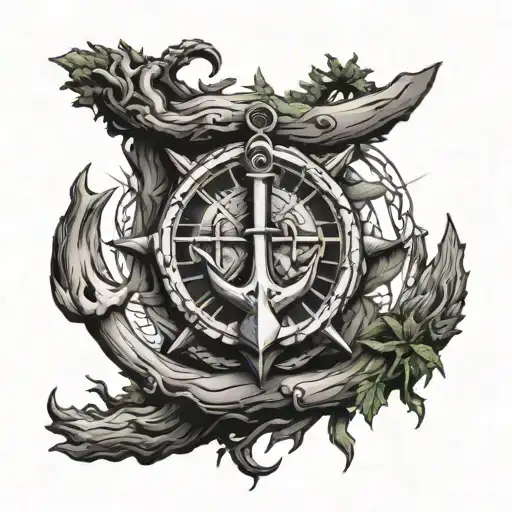 anchor ending as a red cedar tree with a nautical star in the middle tattoo design idea