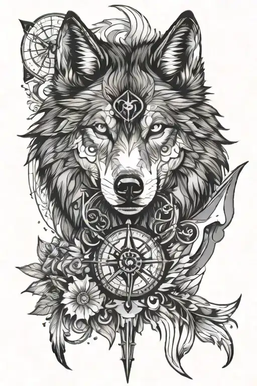wolf with compass design tattoo design idea