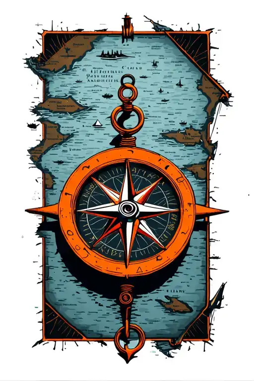 orange nautical compass on top of marinas trench map tattoo design idea
