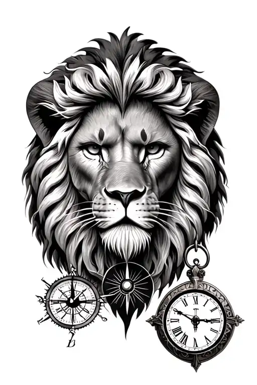 lion's head accompanied by a compass and clock between Granny tattoo design idea
