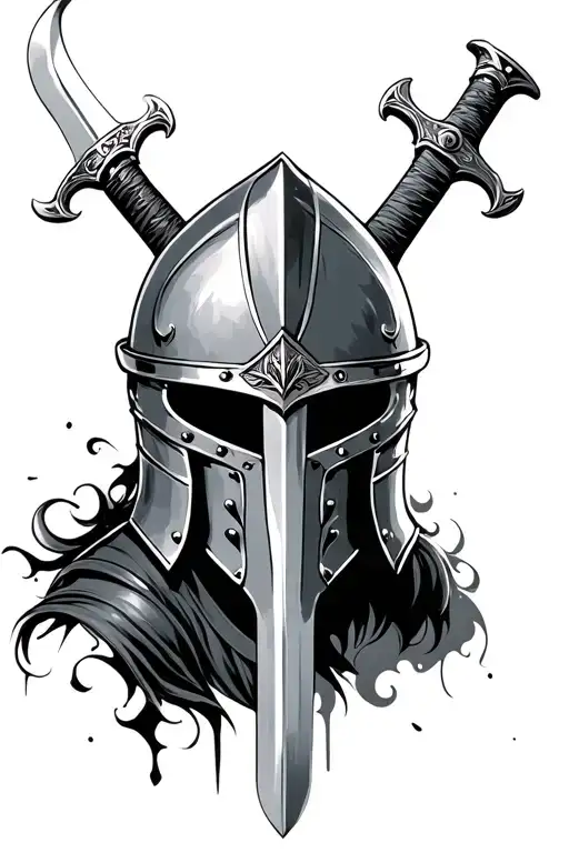 crusader helmet with sword gash tattoo design idea