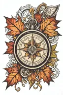 Maple leaf with compass surrounded tattoo design idea