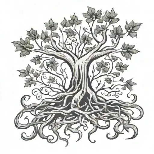Name Mariana. Tree roots and leaves intertwined tattoo design idea