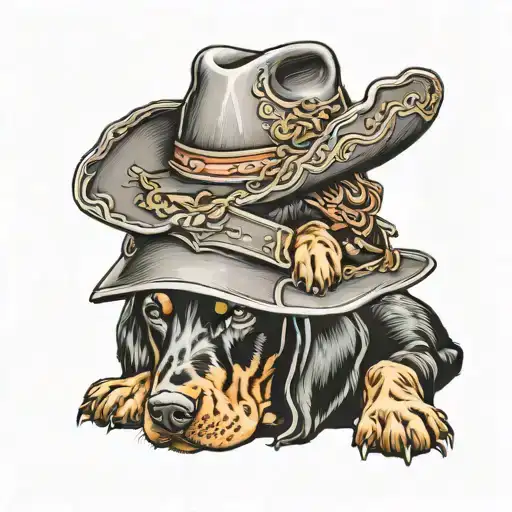 Black and Tan coonhound puppy wearing a cowboy hat tattoo design idea