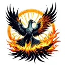 A phoenix bird flying upwards towards the sun, beneath it flames of fire. The idea is to show that it is emerging from tattoo design idea