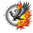 A phoenix bird flying upwards towards the sun, beneath it flames of fire. The idea is to show that it is emerging from tattoo design idea