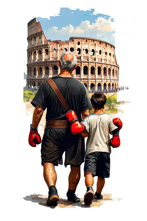 Father and son who walk, the son holds gloves from boxing, around the Roman style buildings, in the distance the Colosseum tattoo design idea