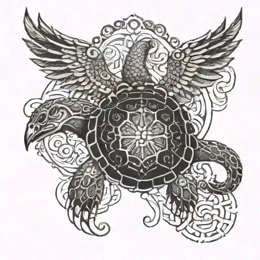 A dark romance novel cover with intricate designs and a turtle and phoenix intertwined tattoo design idea