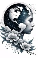 back tattoo with base as galactic mandala pattern with japanese style clouds and flowers showing the world tattoo design idea