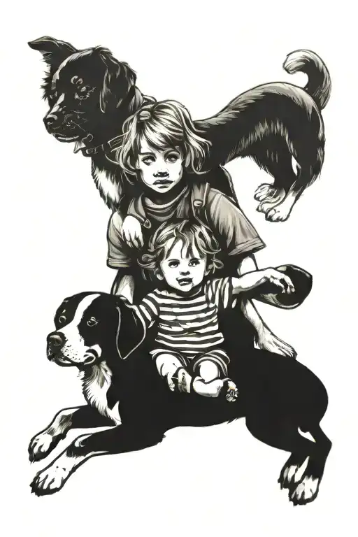 A portrait-style tattoo of the client's grandkids playing with their beloved dog in a whimsical setting tattoo design idea