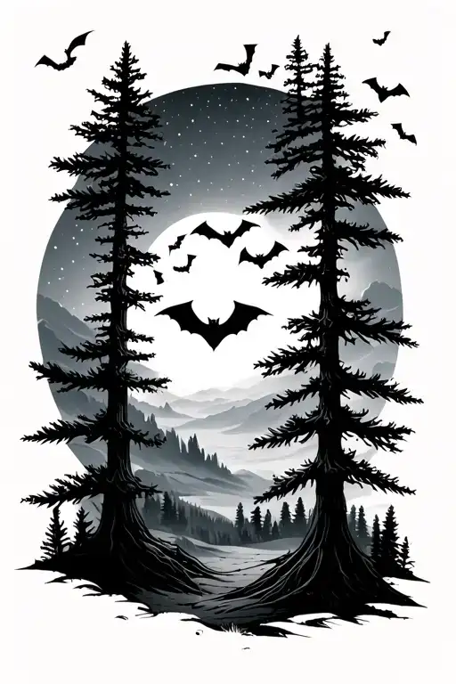 pine trees incorporating bats and starry night sky tattoo design idea