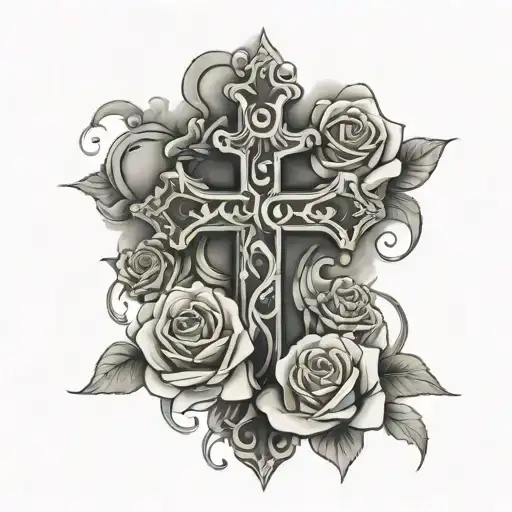 cross with clouds around with roses intertwined the big letters of Amy tattoo design idea
