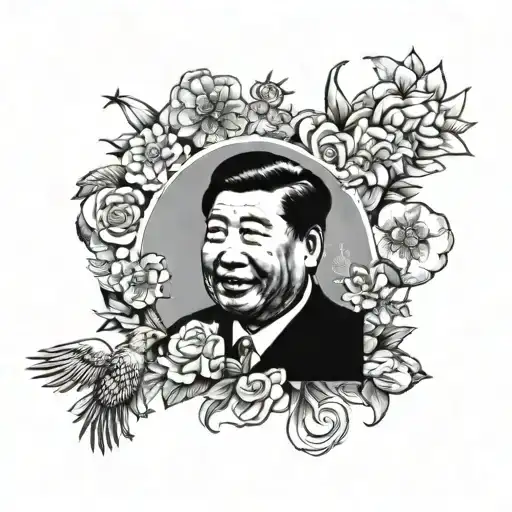 Design a tattoo of Xi Jinping surrounded by his favorite hobbies and interests tattoo design idea