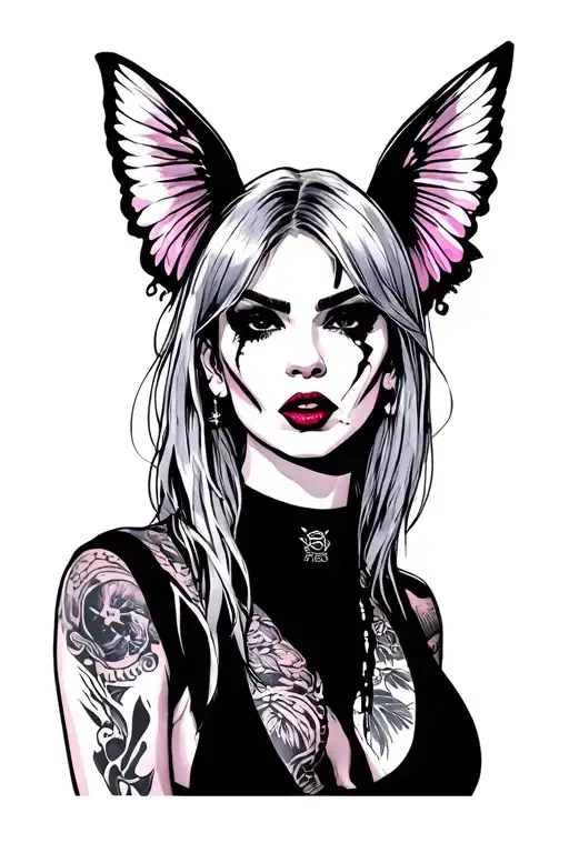 Make the gta vice city loading screen girl into a goth in the same pose as it is in the game tattoo design idea