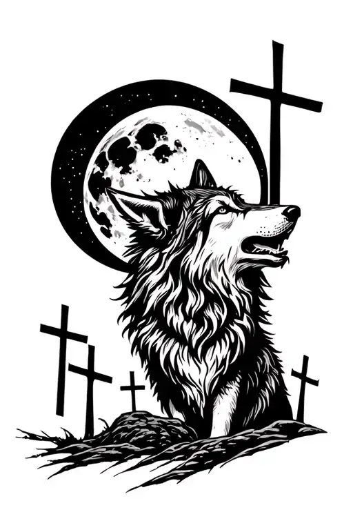 Wolf howling at full moon with three crosses in the background tattoo design idea