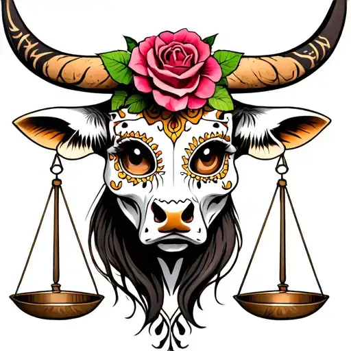 feminine bull with sugar skull markings, brown eyes and two Libra scales and dark background tattoo design idea