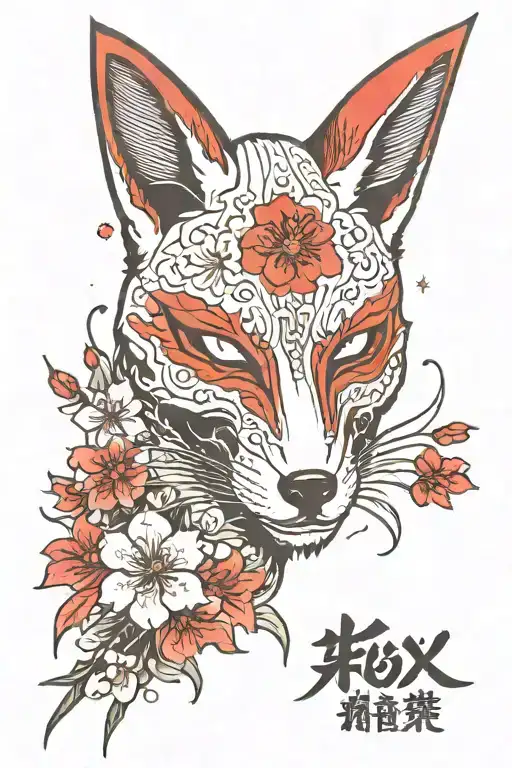 kitsune mask cherry blossoms and red spider lily and Japanese kanji of the fox tattoo design idea