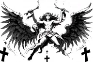 angel fighting demons to protect humans floating with crosses on sides tattoo design idea