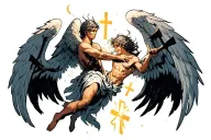 angel fighting demons to protect humans floating with crosses on sides tattoo design idea