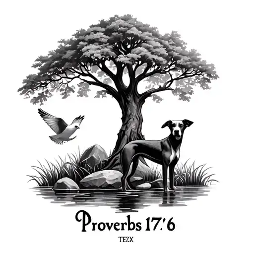 "Proverbs 17:6" Standing Greyhound, little rock and dove under oak tree. Grass surrounded by water at base of tree. Celtic knot border.  tattoo design idea