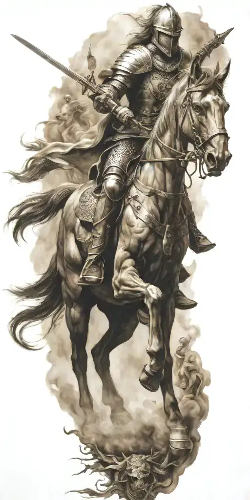 knight riding a horse with demons chasing tattoo design idea