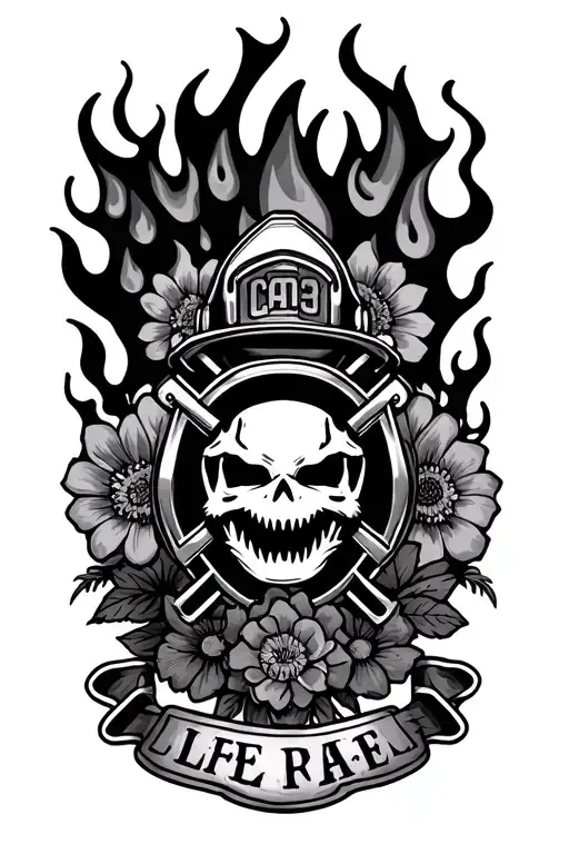 firefighter crest incorporating elements like flames, flowers, jaws of life and a helmet tattoo design idea