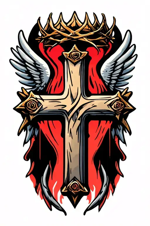 tattoo of a three nail cross with a crown of thorns and wings tattoo design idea