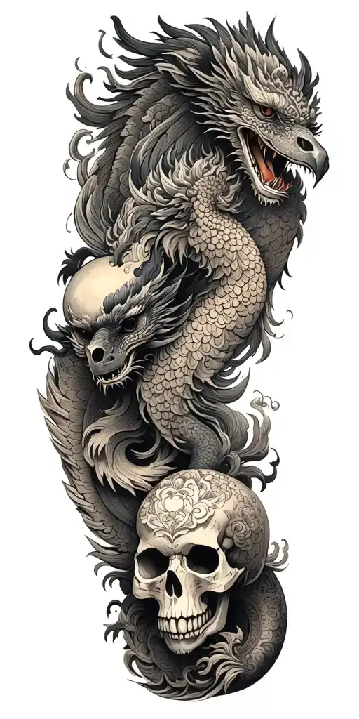 Chinese dragon and phoenix and skull and moon and raven tattoo design idea