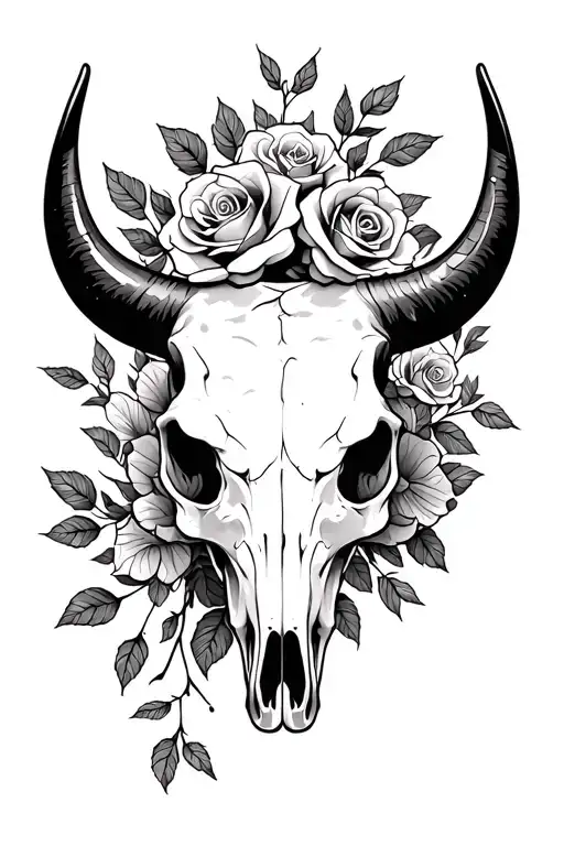 Bull Skull with roses tattoo design idea