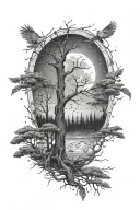 woods surrounded by the moon with and owel flying away with the words man of few words but many actions layered in tattoo design idea