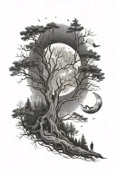 woods surrounded by the moon with and owel flying away with the words man of few words but many actions layered in tattoo design idea