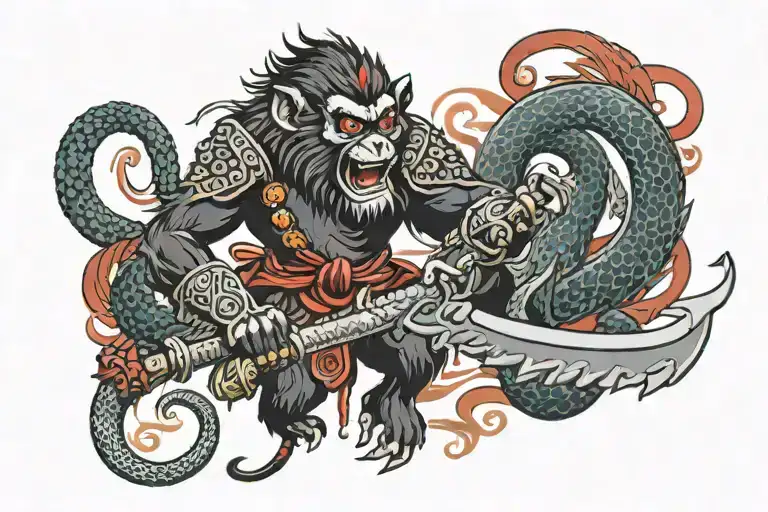 monkey warrior with a golden mace and braclets fighting lage femable hooded cobra red eyes sea serpent    tattoo design idea