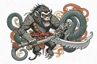 monkey warrior with a golden mace and braclets fighting lage femable hooded cobra red eyes sea serpent    tattoo design idea