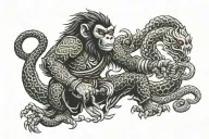 monkey warrior with a golden mace and braclets fighting lage femable hooded cobra red eyes sea serpent    tattoo design idea
