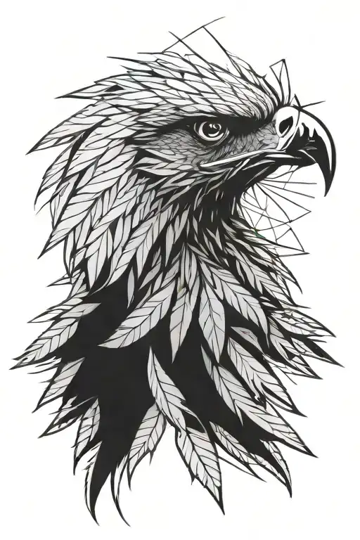 Layered eagle head portrait. Inner feathers detailed, outer feathers shaped like cannabis leaves, radiating outwards. tattoo design idea