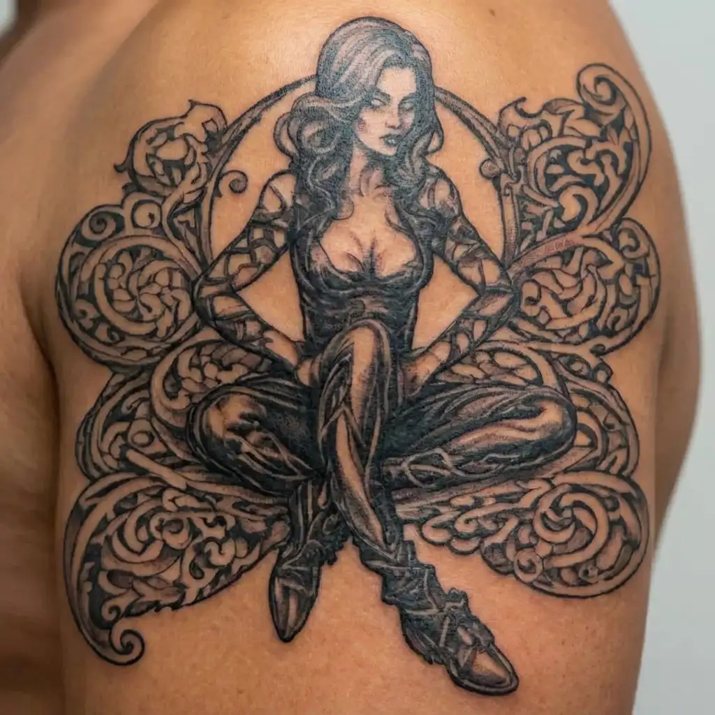femdom figure in leather tattoo design idea