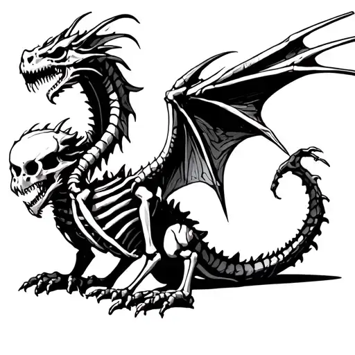 Skeleton dragon with bone wings eating the tail like an ouroboro tattoo design idea