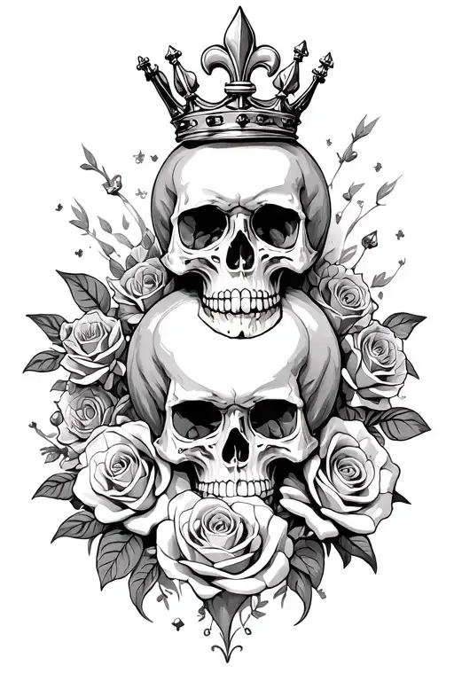 sleeve, lovers skull wearing a crown surrounded with roses and fleur de lis and clock tattoo design idea
