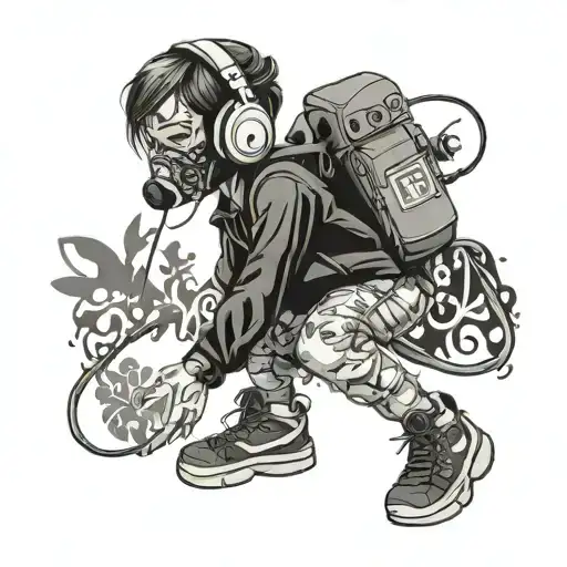 full body small girl spray painting on wall  wearing head phones, respiratory mask and back pack tattoo design idea