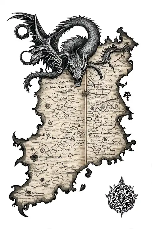 old treasure map with mythical creatures tattoo design idea