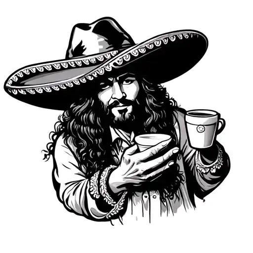 Mexican bread conchita dressed in a charro hat and coffee cup in your hand tattoo design idea