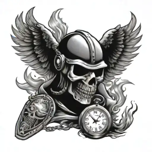 neck tattoo. Phoenix wings, Jason vorhees hockey mask on fire melting. monopoly money bag, broken pocket watch tattoo design idea